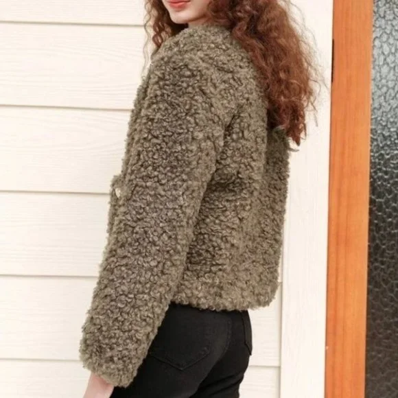 Brown Teddy faux fur Button Down with Pockets  Jacket Coat - Picture 7 of 7